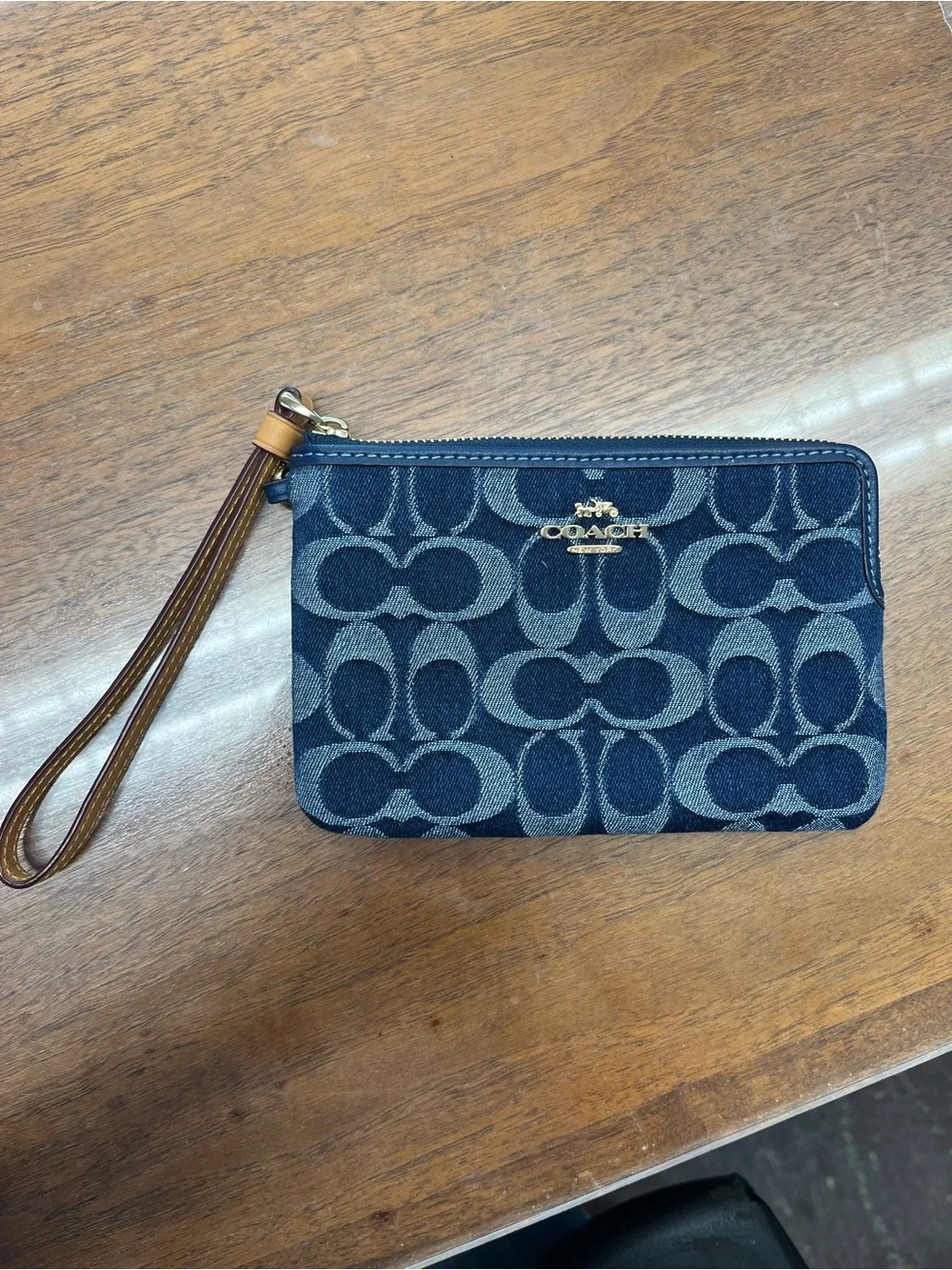 Coach Blue Signature Logo Wristlet with Brown Strap